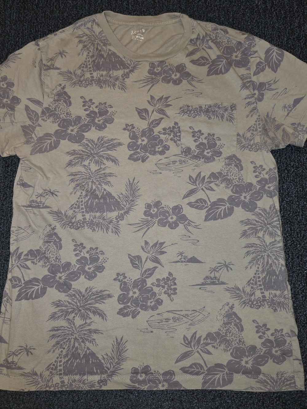 J.CREW Mens M Slim Olive Green Floral Hawaiian Tropical Pocket Crew Neck T-Shirt